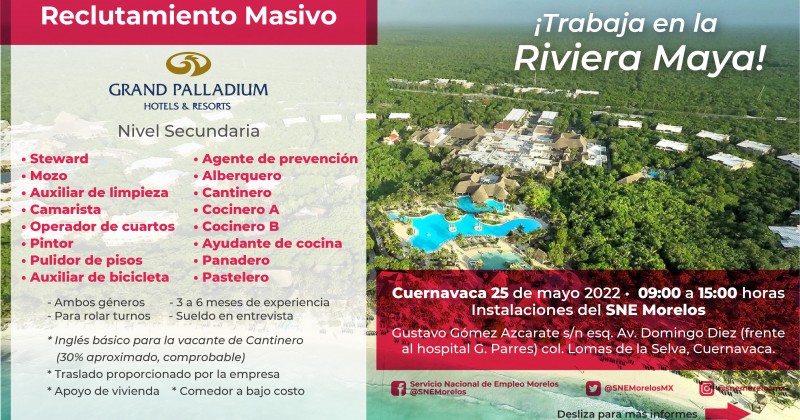 Ofrece SNE Morelos más de 120 plazas para trabajar en la Riviera Maya
