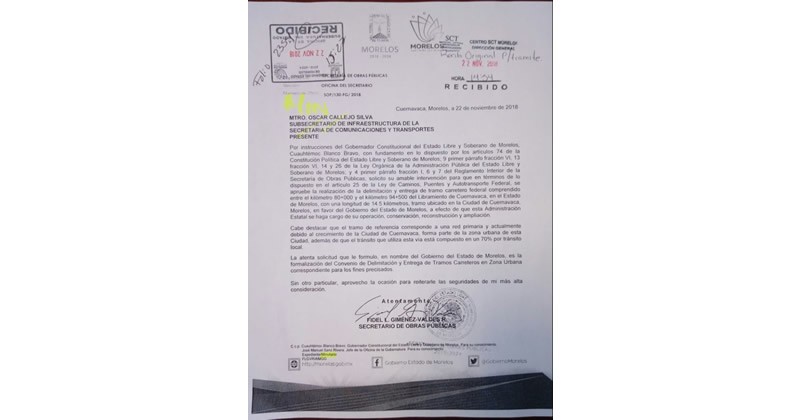 Solicita Gobierno de Morelos a SCT entrega del libramiento de Cuernavaca 