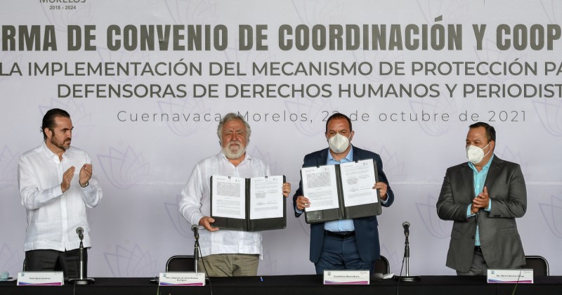 Firman Cuauhtémoc Blanco y Alejandro Encinas convenio de coordinación y cooperación para implementación del Mecanismo de Protección para Personas Defensoras de Derechos Humanos y Periodistas en Morelos