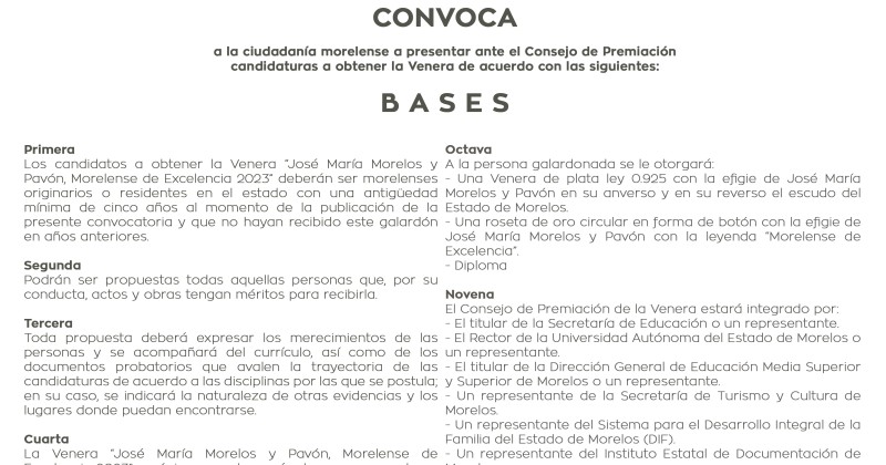 Abre Gobierno del Estado convocatoria para obtener la Venera “José María Morelos y Pavón, Morelense de Excelencia”