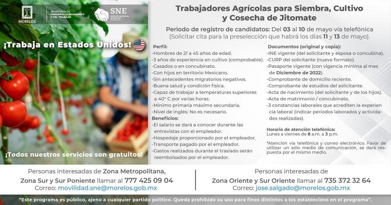 Informa SNE Morelos sobre vacante del ramo agrícola para trabajar en Estados Unidos por temporada determinada