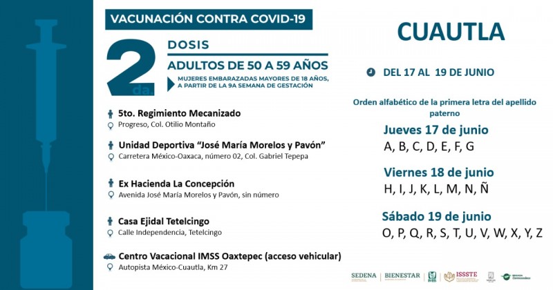 Recibirán personas de 50 a 59 años segunda dosis contra COVID-19 en Cuautla