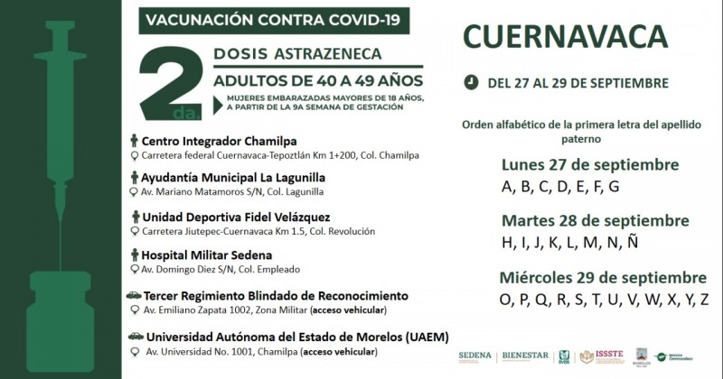 Completarán esquema de vacunación contra COVID-19 personas de 40 a 49 años en Cuernavaca