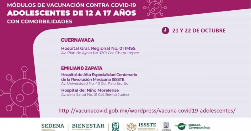 Arranca vacunación contra COVID-19 a adolescentes de 12 a 17 años con comorbilidades en Morelos