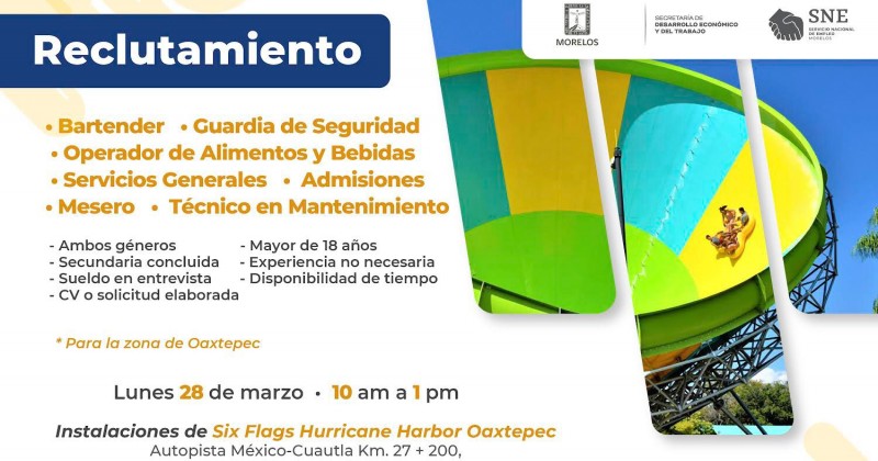Realizará SNE Morelos en coordinación de Six Flags reclutamiento para diferentes puestos de empleo