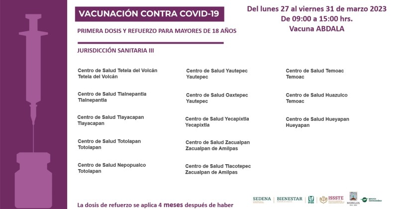 Continúa Gobierno de Morelos vacunando contra COVID-19 a personas mayores de 18 años