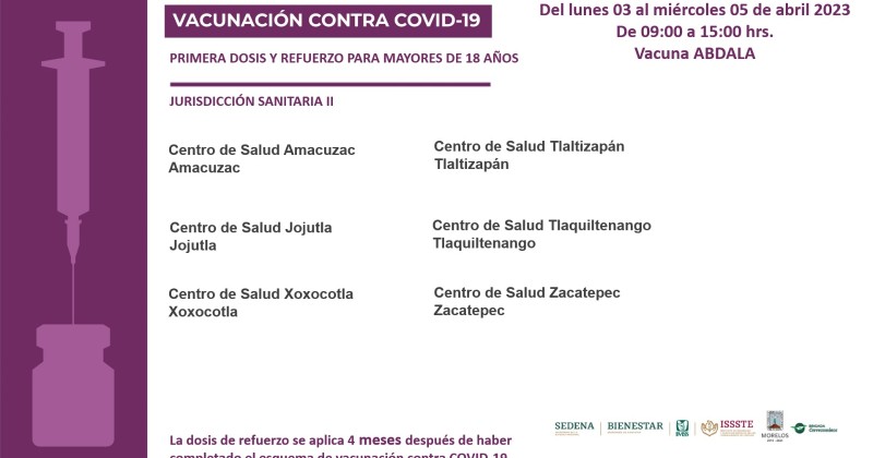 Pide Gobierno de Morelos a personas mayores de 18 años vacunarse contra COVID-19
