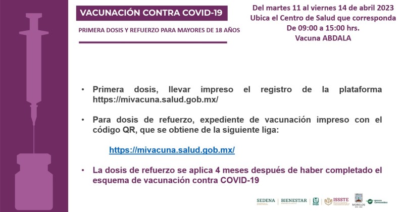Mantiene Gobierno de Morelos vacunación contra COVID-19 para personas mayores de 18 años en centros de salud