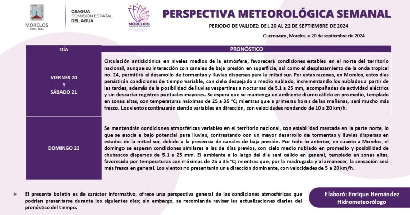 Seguirán las lluvias para este fin de semana en Morelos